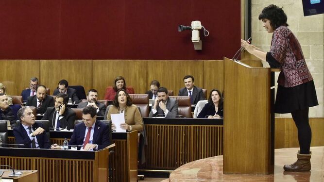 Teresa Rodríguez, en el atril del plenario, durante su intervención en el debate del Parlamento.