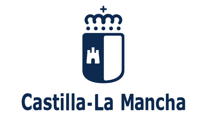 Gobierno de Castilla-La Mancha: Se trata de la her&aacute;ldica de la comunidad, aunque simplificada y a dos colores (blanco y azul).