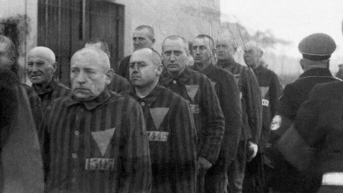 Prisioneros homosexuales marcados con el triángulo rosa en el campo de concentración de Sachsenhausen.