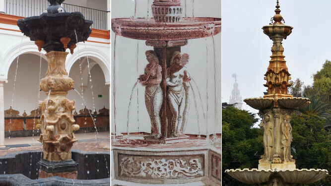Fuente de la pasarela. A la izquierda, fuente del Palacio de Peñaflor (1763) y dibujo de la desaparecida Fuente de las Ninfas (1583), que existió en la Plaza del Salón. Ambas sirvieron de modelo para la fuente sevillana, de 1929.