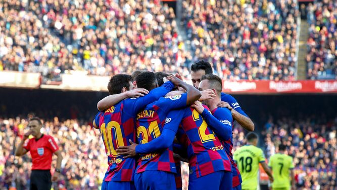 Los jugadores del Barcelona celebran el gol de Sergi Roberto ante el Getafe