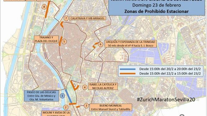 Zonas donde se prohíbe aparcar por el Maratón de Sevilla 2020.