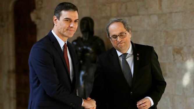 Quim Torra y Pedro Sánchez, durante la reunión que mantuvieron el pasado 7 de febrero en el Palau de la Generalitat.