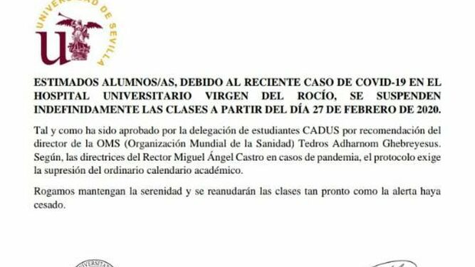 La Universidad de Sevilla desmiente que vaya a suspender las clases por el coronavirus