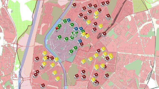 Captura del mapa interactivo de escolarización en la zona centro de Sevilla