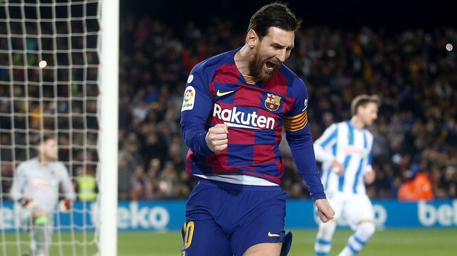 Messi celebra el penalti marcado ante la Real Sociedad