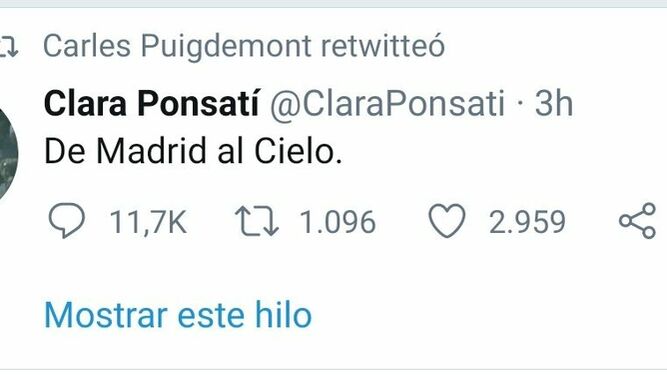 El tuit (borrado) de Clara Ponsatí pidiendo el cierre de Madrid: "De Madrid al cielo"