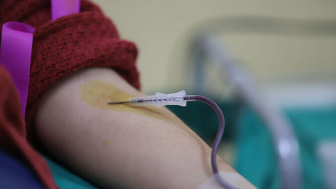 Detalle de la vía de una donante de sangre.