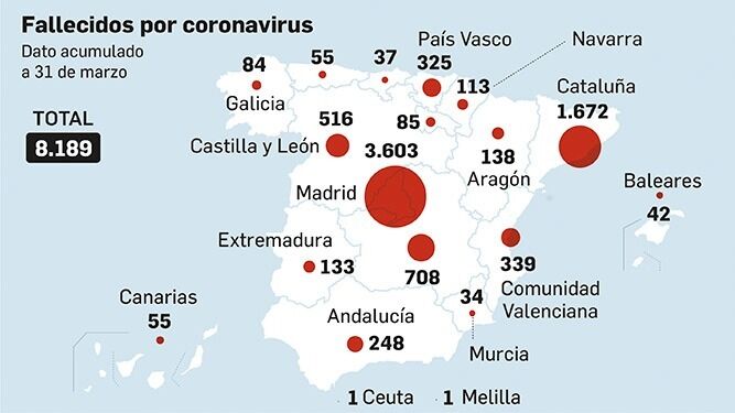 Mapas de los fallecidos por coronavirus en España a 31 de marzo.