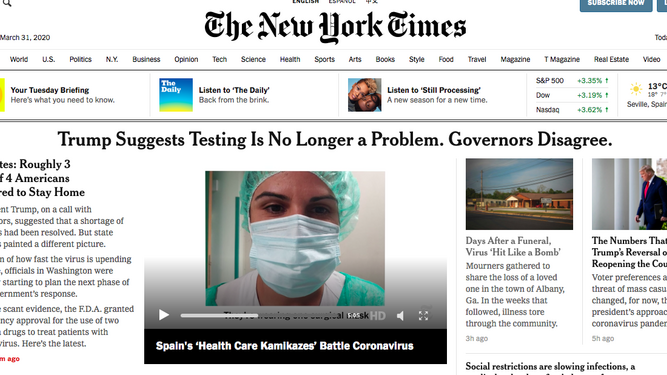 El vídeo de los sanitarios españoles, en el centro de la imagen de la portada de The New York TImes.