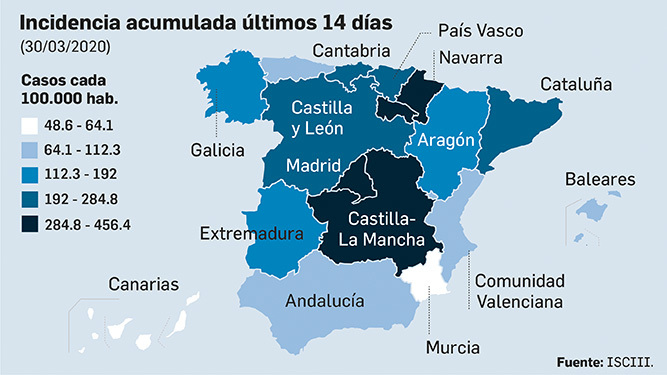 Evolución de casos de coronavirus en España a 1 de abril.