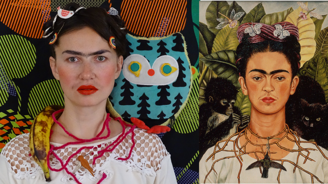 Foto del grupo de Facebook Quearteencasa de una recreación de un autorretrato de Frida Kahlo.