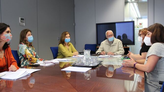 Miembros de la Consejería y del Ayuntamiento de Almensilla, reunidos para abordar el problema del sector F.