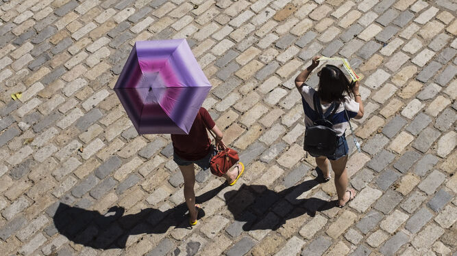 Dos turistas se refugian del calor bajo un paraguas y una guía de la ciudad.