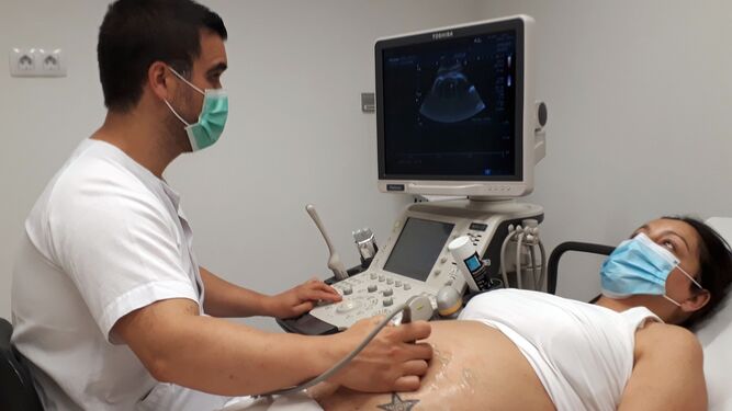 Un obstetra realiza una ecografía para seguimiento del embarazo.