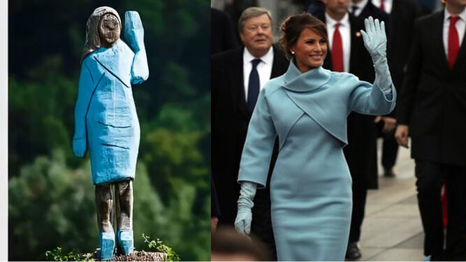 La primera dama estadounidense Melania Trump, junto a la estatua de madera que se erige en su pueblo natal en Eslovenia.