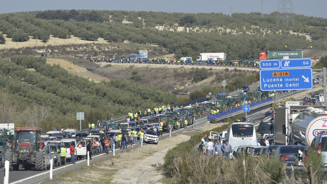 Movilizaciones de agricultores en Córdoba por la A-45 el pasado 14 de febrero.
