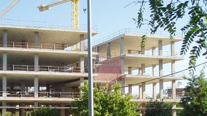 La estructura del edificio de oficinas de Sevilla, cuyos suelos, que son de la Junta, han salido a la venta.