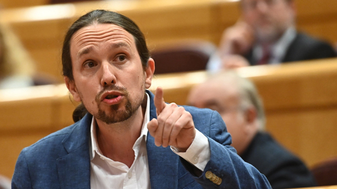 El vicepresidente segundo del Gobierno y líder de Unidas Podemos, Pablo  Iglesias , durante una sesión de control en el Senado.