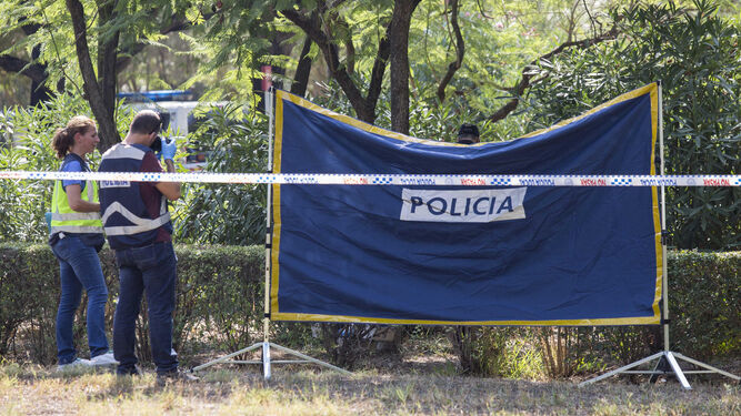 Policías nacionales investigan un homicidio cometido por otro violador en serie en el Parque Amate.