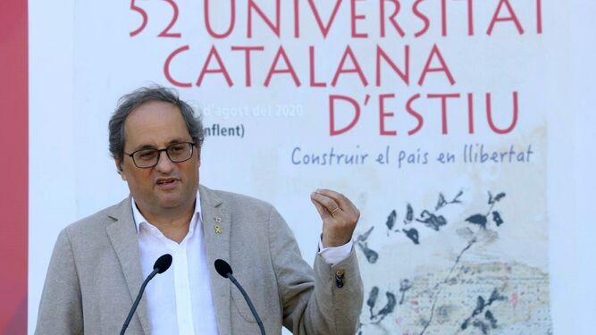 El presidente catalán, Quim Torra, ayer en su discurso en la clausura de la Universidad Catalana de Verano en la localidad francesa de Prada de Conflent.