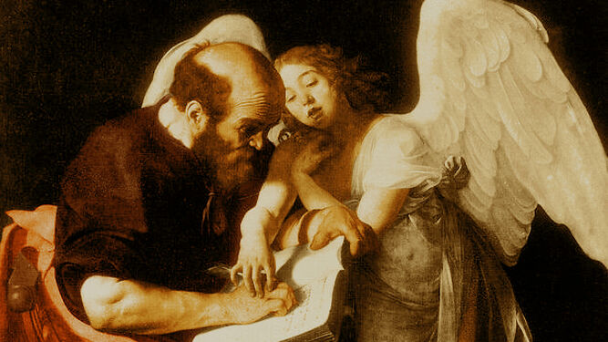 Detalle de la primera versión de 'San Mateo y el ángel' (1602) de Caravaggio.
