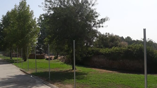 Sólo quedan los palos metálicos del cercado que colocó el Ayuntamiento de Sevilla en el entorno del Molino de Teatinos, en el parque Riberas del Guadaíra..