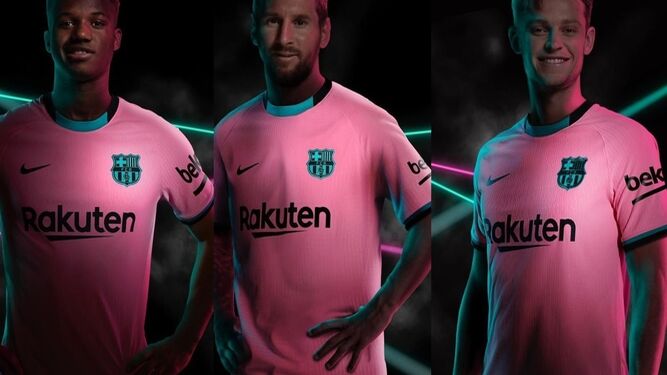 Fati, Messi y De Jong con la tercera camiseta del Barcelona