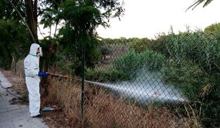 Un operario fumiga un terreno de hierbas y pastos tras declararse el brote de virus del Nilo.