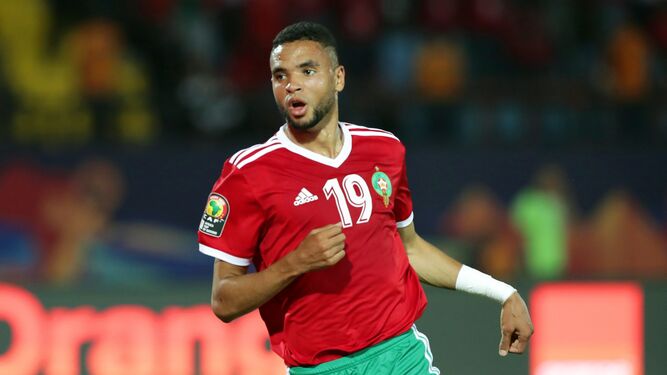 En-Nesyri celebra un gol con la selección de Marruecos.