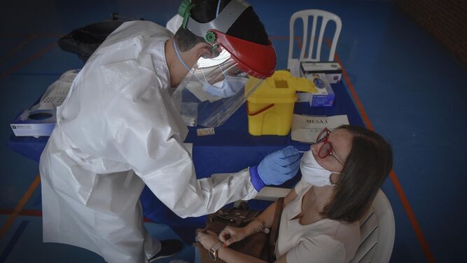 Un sanitario realiza el test de antígeno durante un cribado.