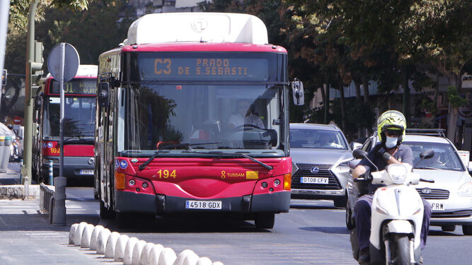Un autobús circular de Tussam transita por la Ronda.