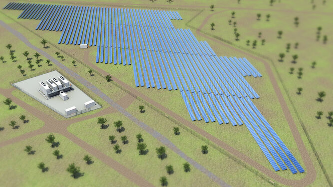Recreación del complejo formado por una planta fotovoltaica y el sistema de almacenamiento.