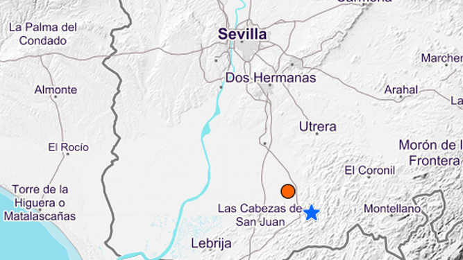 Ubicación del terremoto registrado este sábado en Los Palacios y Villafranca.