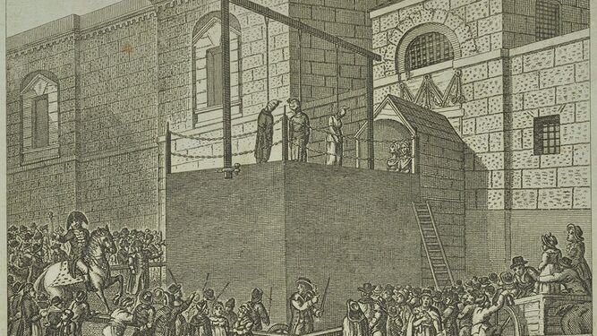 Grabado historico de una ejecución pública en la carcel londinense de Newgate.