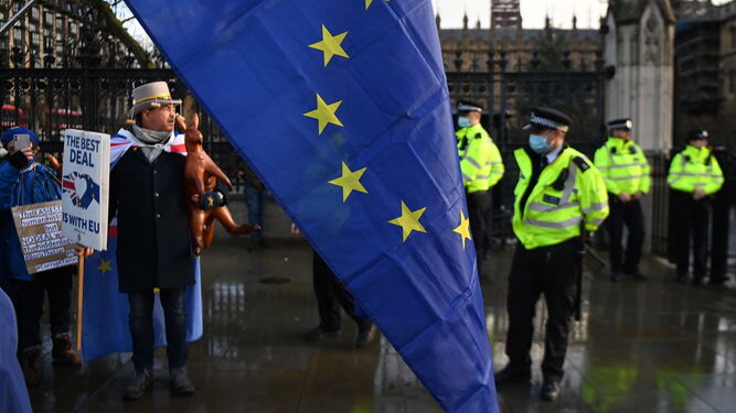 Manifestantes a favor de permanecer en la UE se manifiestan ante el Parlamento británico.