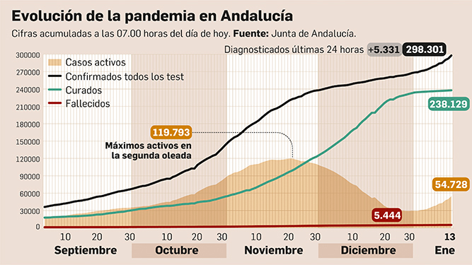 Balance de la pandemia en Andalucía a 13 de enero de 2021.