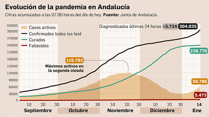 Balance de la pandemia en Andalucía a 14 de enero de 2021.