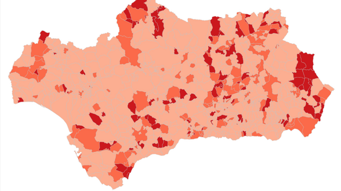 En rojo, los municipios que quedan confinados perimetralmente este domingo.