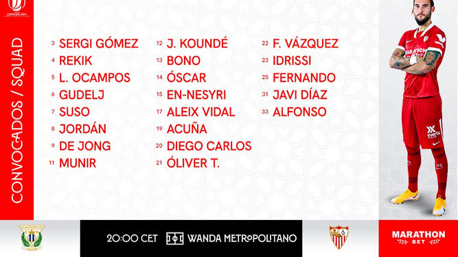 Carátula oficial del Sevilla con la lista de 21 futbolistas para la Copa.