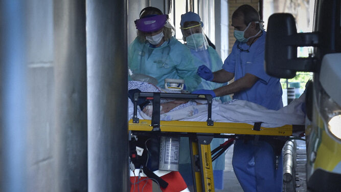Profesionales sanitarios trasladan en camilla a una paciente a Urgencias en el Hospital  Virgen Macarena.