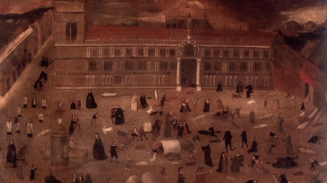 Esta obra anómina que se conserva en el Hospital del Pozo Santo de Sevilla ilustra los efectos de la epidemia de peste de 1649.