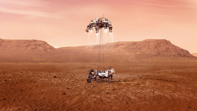 Ilustración de la llegada a Marte del rover Perseverance