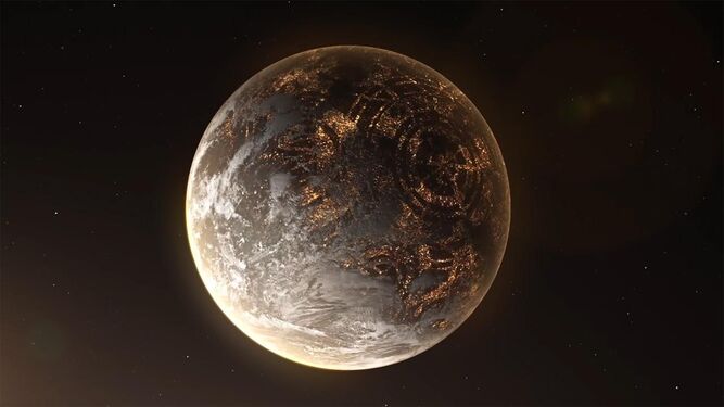 Recreación artística de un hipotético exoplaneta con luces artificiales en el lado nocturno.