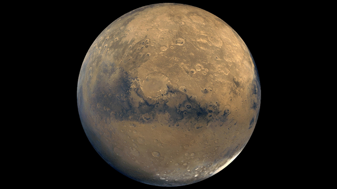 Imagen de Marte compuesta a partir de un centenar de imágenes tomadas por la Viking Orbiter.