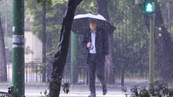 Un hombre pasea con una mascarilla y un paraguas.