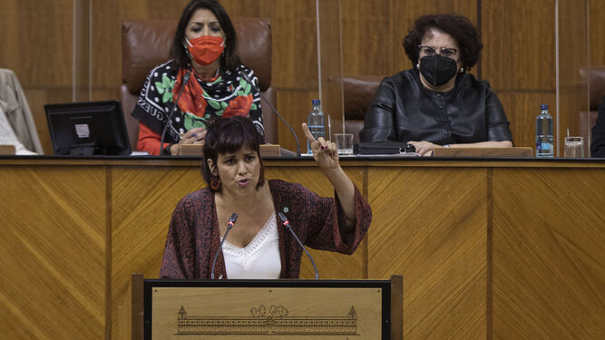 Teresa Rodríguez, en la tribuna del Parlamento.