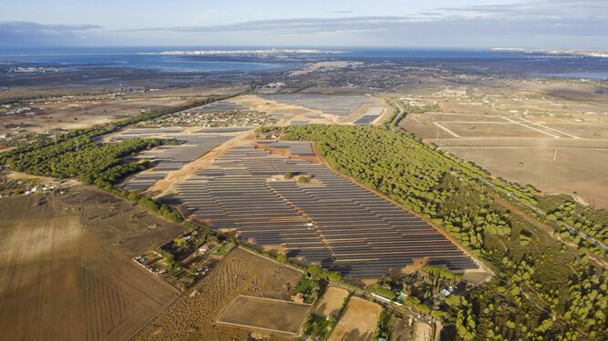 Vista aérea de la planta solar de Miramundo Opdenergy en Puerto Real.