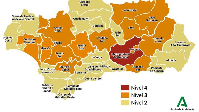 Mapa con los niveles de medidas preventivas Covid-19 en Andalucía