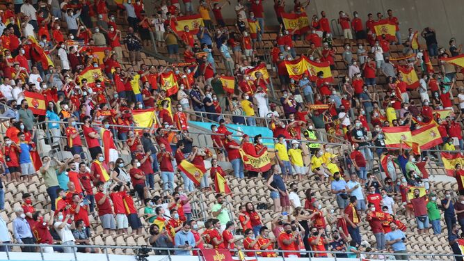 Aficionados españoles animan durante el partido de España.